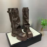 Xajzpa Med Heel Boots Round Toe Women's Genuine Leather Shoes Zipper Boots-Women  Over-the-Knee Rubber 2025 Lolita Lace-Up Western Floc