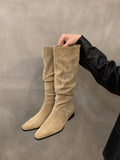 Xajzpa  Women Knee High Boots Autumn Winter Female Shoes Fashion Female Slip-on Folds Low Heel Pointed Toe Long Boots Botas De Mujer