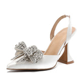 Xajzpa Fashion Sequined Crystal Bowknot Women Pumps Sexy Pointed Toe Red High Heels Wedding Banquet Shoes Ladies Slingback Sandal