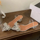 Xajzpa Spring Sexy Slingback Shoes Women Mules Sandals Fashion Crystal Diamond Bowknot Pointed Toe Transparent Heels Pumps
