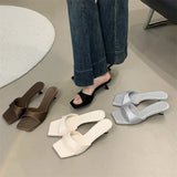 Xajzpa Summer Silk Square Toe Slippers Women Fashion Buckle Strap Stiletto Low Heels Beach Sandals Slide Shoes Zapatos De Mujer