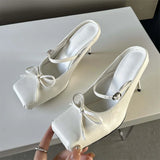 Xajzpa Bowknot Square Toe Women Slippers Pumps Sexy Buckle Strap Thin Heels Banquet Prom Mule Shoes
