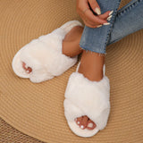 Xajzpa Faux Fur Corss Band Fuzzy Slippers Women Winter Warm Plush Indoor Fluffy Shoes Woman Soft Sole Open Toe Home Cotton Slippers