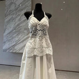 Xajzpa Fashion Women Dress Sleeveless V Neck Lace Neck Hanging White Elegant Female Party Dresses New Tide