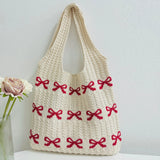Xajzpa Knitted Handbags Large Capacity Bow Pattern Crochet Tote Bag Bow Pattern Crochet Tote Bag Multifunctional Knitted Shopping Bag