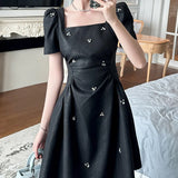 Xajzpa Fashion Diamond Studded Dress Women's Waist Cinched Square Neck Short Sleeve Dresses 2025 Summer New Tide