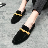 Xajzpa British Style Men Loafers Fashionable Classic Suede Deerskin Casual Dress Brooch Twisted Personality Small Leather Shoes 38-48