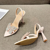 Xajzpa Size 35-41 Sexy Slingback Sandals Women Back Strap High Heels Summer Fashion Crystal Diamond Pointed Toe Wedding Prom Shoe