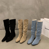 Xajzpa  Women Knee High Boots Autumn Winter Female Shoes Fashion Female Slip-on Folds Low Heel Pointed Toe Long Boots Botas De Mujer