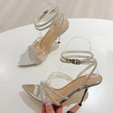 Xajzpa Fashion Glitter Crystal Ankle Strap Sandals Women Elegant Pointed Toe Rhinestone High Heels Wedding Prom Shoes Size 35-41