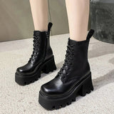 Xajzpa Punk Goth Ankle Boots Women Black Chunky Wedge Platform Shoes Woman Lace Autumn Patent Leather Footwear Lady Botas Mujer