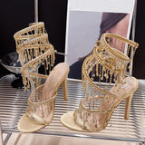 Xajzpa Elegant Women Wedding Banquet Shoes Fashion Crystal Tassel Twining Stiletto Sandals Sexy Open Toe Stripper Heels Golden