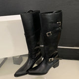 Xajzpa Winter Black Punk Round Toe Knee-High Women Boots Square Heels Buckle Strap Ladies Booties Shoes Zapatillas De Mujer