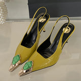 Xajzpa Fashion Design Inlay Gems Pointed Toe Patent Leather Sexy Slingback Sandals Women Pumps High Heels Wedding Banquet Shoes