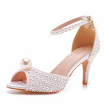 Xajzpa White Pearl Sandals Women Open Toe High Heels Lady Luxury Wedding Shoes Banquet Dress Stiletto