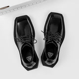 Xajzpa - New square head Leather Shoes women Casual Men Formal Dress Thick Bottom Loafers Lace-up Black British Business Work Shoes 44
