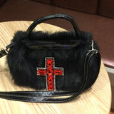 Xajzpa - Y2k Gothic Handbag Soft Plush Black Cross Applique Shoulder Bag Fashion Harajuku Style Punk Hip Hop Biker Crossbody Bag