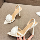 Xajzpa Summer Fashion Silk Rose Flowers Pointed Open Toe Back Strap Sandals Women Red High Heels Wedding Prom Shoes Zapatos Mujer