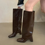 Xajzpa Winter Street Fashion Punk Style Knee-High Women Boots Designer Hollow Out Square High Heels Shoes Banquet Ladies Booties