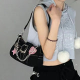 Xajzpa - Y2k Cool Shoulder Bag for Women Heart Letter Star Applique Chain Black Handbag Hip Hop Punk High Quality Cute Underarm Bag