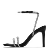 Xajzpa Elegant Women Party Wedding Banquet Shoes Sexy Crystal Ankle Strap Black Sandals Street Style Square Toe Stripper Heels