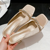 Xajzpa Elegant Satin Slippers for Women Luxury Rhinestone Chain Square Toe Slide Sandals Summer Sexy Open Toe Party Shoe Designer Shoes