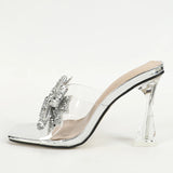 Xajzpa Fashion Silver Sequined Butterfly Knot Women Transparent Slippers Summer Square Toe Clear High Heels Sandals Female Shoes