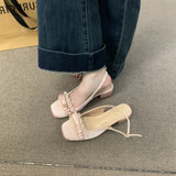 Xajzpa Sandals Round Toe Soft Female Shoe All-Match Lace Denim Women's Block Heels New Girls Closed Bow Laces Chunky Butterfly-kno