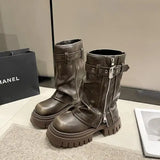 Xajzpa Med Heel Boots Round Toe Women's Genuine Leather Shoes Zipper Boots-Women  Over-the-Knee Rubber 2025 Lolita Lace-Up Western Floc