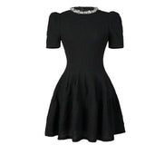 Xajzpa Fashion Solid Color Dress Women's Diamond Studded Round Neck Waist Cinched Puffy Dresses 2025 Summer New Tide