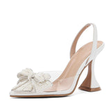 Xajzpa Fashion Design White Pearl Bowknot Women Pumps Sexy Pointed Toe High Heels Wedding Prom Shoe PVC Transparent Sandal Female
