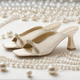 Xajzpa Elegant Satin Slippers for Women Luxury Rhinestone Chain Square Toe Slide Sandals Summer Sexy Open Toe Party Shoe Designer Shoes