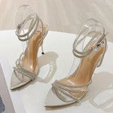 Xajzpa Fashion Glitter Crystal Ankle Strap Sandals Women Elegant Pointed Toe Rhinestone High Heels Wedding Prom Shoes Size 35-41