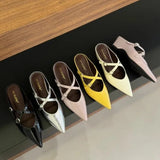 Xajzpa New Style Elegant Leather Sandals Women Sexy Pointy Toe Cross Strap Design Slide Sandals Luxury Party Dress Heel Sandalias