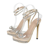Xajzpa Summer Fashion Crystal Bowknot Transparent Sandals Women Silver Chain Designer High Heels platform Shoes Sandalias
