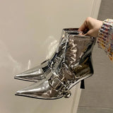 Xajzpa Sexy Pointed Toe Belt Buckle Women Ankle Boots Thin Heels Patent Leather Autumn Zipper Party Shoes