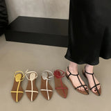 Xajzpa New Brand Women Sandal Fashion Narrow Band Flat Heel Ladies Gladiator Shoes Pointed Toe Ankle Buckle Zapatos Muje