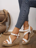 One word buckle lady slope heel platform sandal new style straw-woven high-heeled muffin Roman shoes European and n style