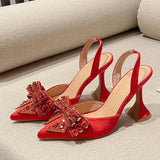 Xajzpa Fashion Sequined Crystal Bowknot Women Pumps Sexy Pointed Toe Red High Heels Wedding Banquet Shoes Ladies Slingback Sandal