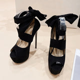 Xajzpa Black High Heels For Women Fashion Ankle Cross Strap Platform Pumps Sexy Peep Toe Party Dress Shoes Stiletto Sandals