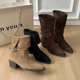 Xajzpa New Style Luxury Women Boots European and American Fashion Buckle Pleated Short Boots Autumn and Winter Flat Boots Women Shoes