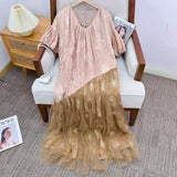 Xajzpa Fashion Lace Mesh Dress Women's V Neck Short Sleeve High Waisted Patchwork Dresses 2025 Summer New Tide