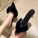 Xajzpa Spring Faux Fur Mules Slippers Women Pointed Toe Slip-On Thin Heels Sandals Woman Short Plush Lined Closed Toe Slides Shoes