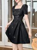 Xajzpa Fashion Diamond Studded Dress Women's Waist Cinched Square Neck Short Sleeve Dresses 2025 Summer New Tide