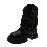 Xajzpa Med Heel Boots Round Toe Women's Genuine Leather Shoes Zipper Boots-Women  Over-the-Knee Rubber 2025 Lolita Lace-Up Western Floc