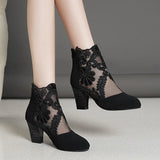 New Fashion Women High Heels Lace Flower Ankle Strap Hollow Out Sandals Round Toe Zip Pumps Zapatos De Mujer