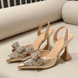 Xajzpa Fashion Sequined Crystal Bowknot Women Pumps Sexy Pointed Toe Red High Heels Wedding Banquet Shoes Ladies Slingback Sandal
