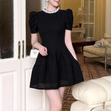 Xajzpa Fashion Solid Color Dress Women's Diamond Studded Round Neck Waist Cinched Puffy Dresses 2025 Summer New Tide