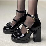 Xajzpa   Punk Heart Buckle High Heels Pumps Women Spring Y2K Black Chunky Platform Lolita Shoes Woman Bowtie Thick Heel Gothic Shoes