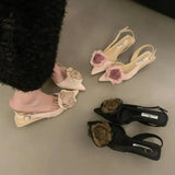Xajzpa New Flower Designer Sandals Women Elegant Satin Mule Shoes Summer Pointed Toe Pumps Low Heel Flowers Slingback Sandals Female